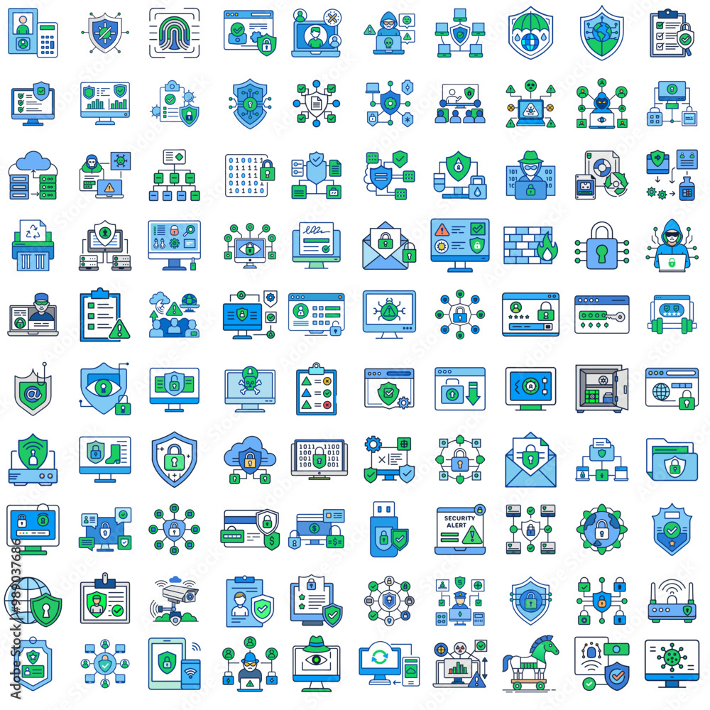 Set of 100 Minimalist Cybersecurity Icons, Blue and Green Tones, Digital Protection Concept Set of 100 Minimalist Cybersecurity Icons, Blue and Green Tones, Digital Protection Concept