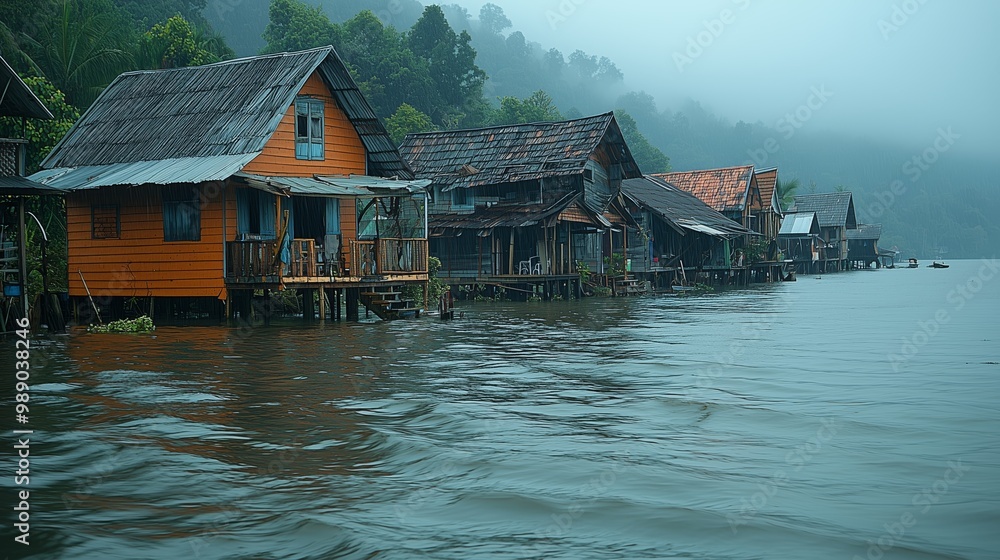 Naklejka premium Abandoned Coastal Houses Amid Rising Sea Levels