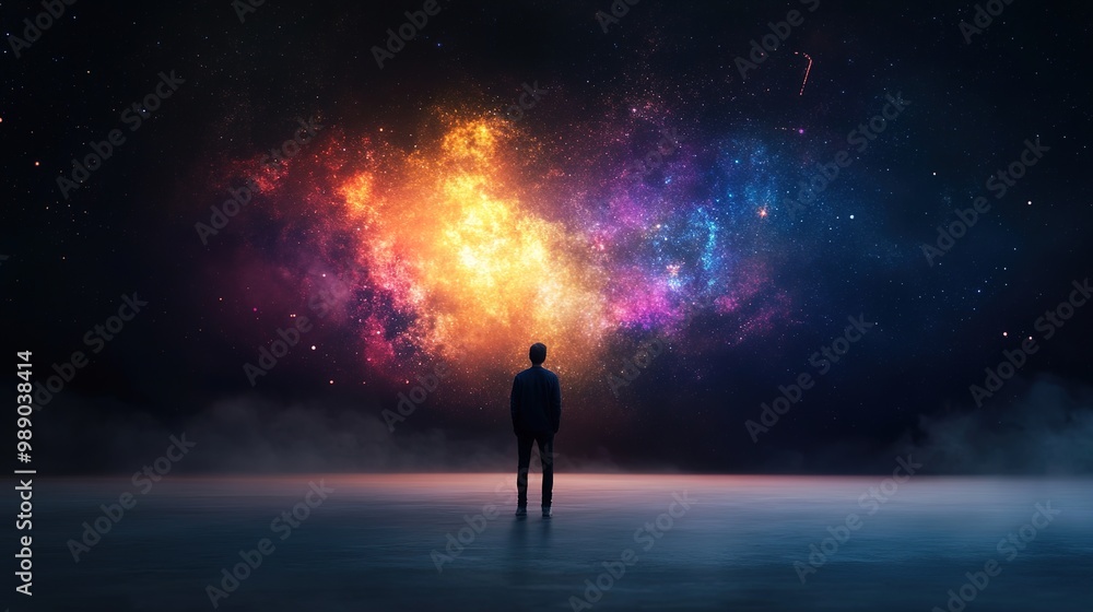 Man Staring at a Colorful Cosmic Nebula in Space Man Staring at a Colorful Cosmic Nebula in Space
