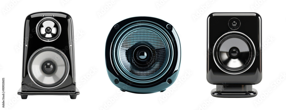 PNG Three modern audio speakers on a white isolated background. PNG Three modern audio speakers on a white isolated background.