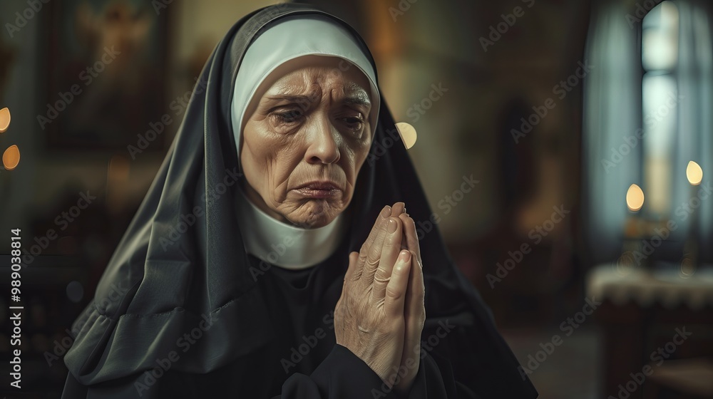 Depressed nun in a church, deeply engrossed in prayer with a melancholic expression, highlighting the tension between faith and personal sorrow Depressed nun in a church, deeply engrossed in prayer with a melancholic expression, highlighting the tension between faith and personal sorrow