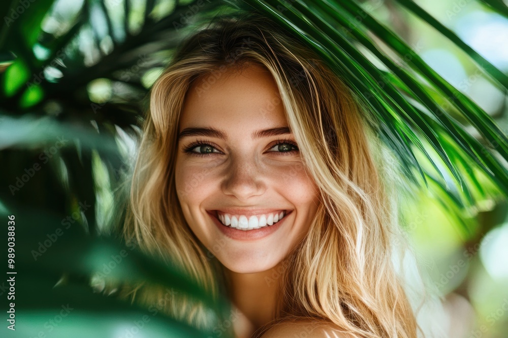 Radiant woman smiling green tropical leaves Radiant woman smiling green tropical leaves