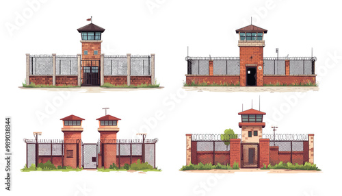 Prison buildings cartoon vector set. Jails watchtower red brick walls metal fence barbed wire gate grating guarded security camp, prisoners penitentiary architecture isolated illustrations