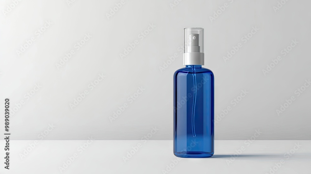 A transparent blue pump bottle displayed on a white surface, ready for design presentations or cosmetic branding. A transparent blue pump bottle displayed on a white surface, ready for design presentations or cosmetic branding.