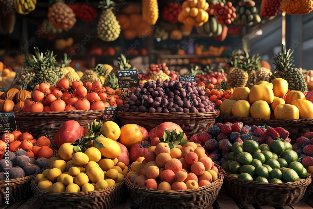 A vibrant market display filled with a variety of fresh, colorful fruits arranged in baskets, showcasing nature's bounty. A vibrant market display filled with a variety of fresh, colorful fruits arranged in baskets, showcasing nature's bounty.