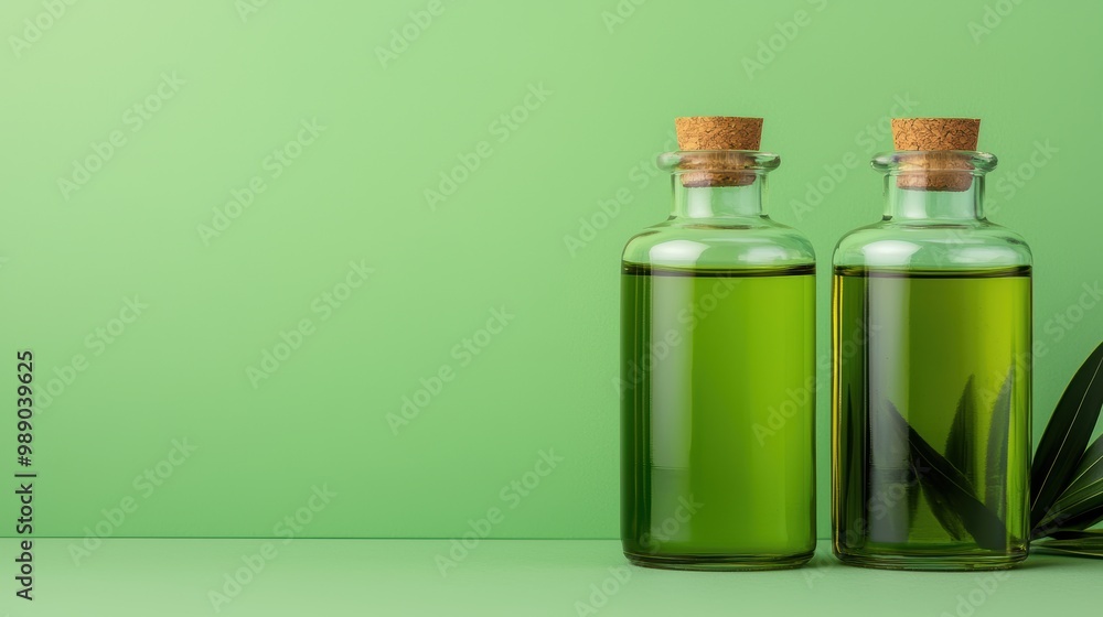 Two Bottles of Olive Oil on Green Background Two Bottles of Olive Oil on Green Background