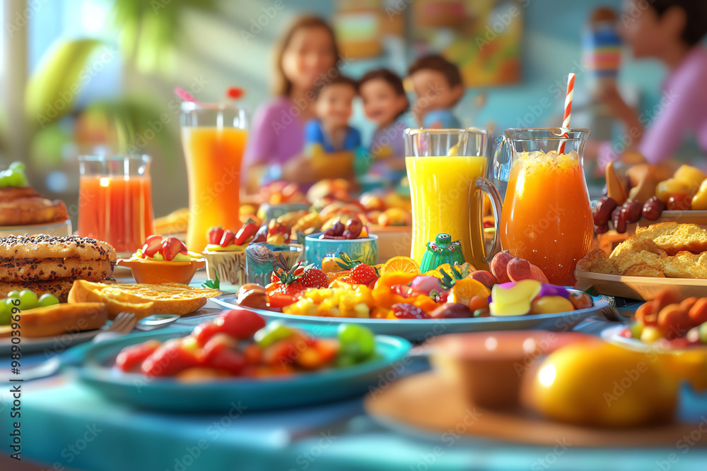 A vibrant table spread showcasing a variety of delicious foods and drinks perfect for a family celebration or gathering. A vibrant table spread showcasing a variety of delicious foods and drinks perfect for a family celebration or gathering.