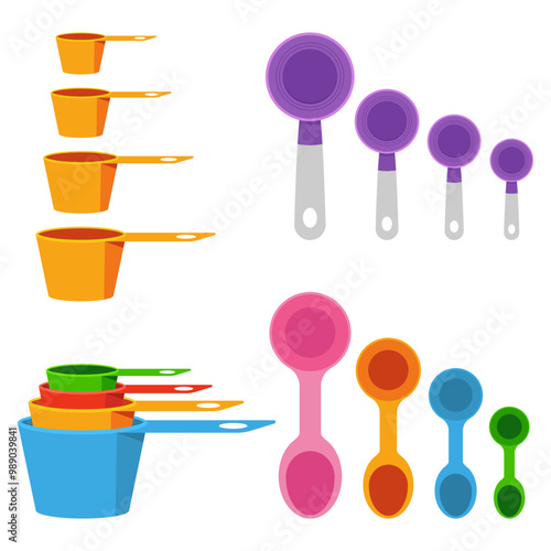 Measuring spoons and cups vector cartoon set isolated on a white background.