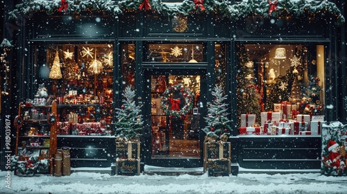 Snow-Covered Christmas Storefront with Gifts and Festive Decorations for Holiday Season