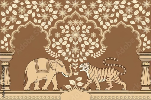 Vibrant Traditional Indian Elephant and Tiger Illustration with Floral Patterns - Perfect for Diwali Decorations, Cultural Events, and Festive Celebrations