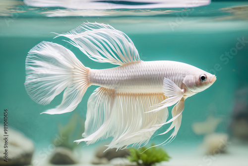 A white betta fish with delicate fins swimming in minimalistic clear green water photo