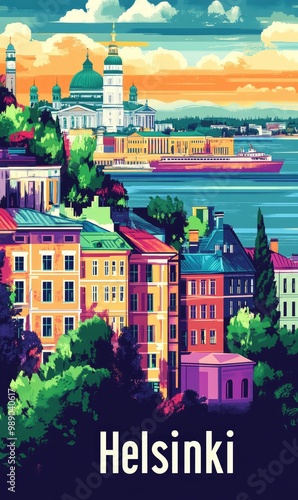 Modern Helsinki city poster showcasing vibrant buildings and waterfront architecture under a colorful sky