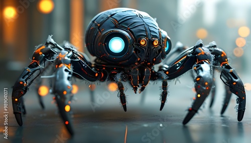 Futuristic mechanical spider weaving intricate webs, showcasing the brilliance of AI-driven robotic creativity and innovation photo