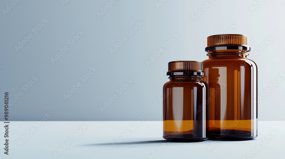 Amber Glass Bottles of Natural Herbal Supplements or Vitamins on Minimalist Background Amber Glass Bottles of Natural Herbal Supplements or Vitamins on Minimalist Background