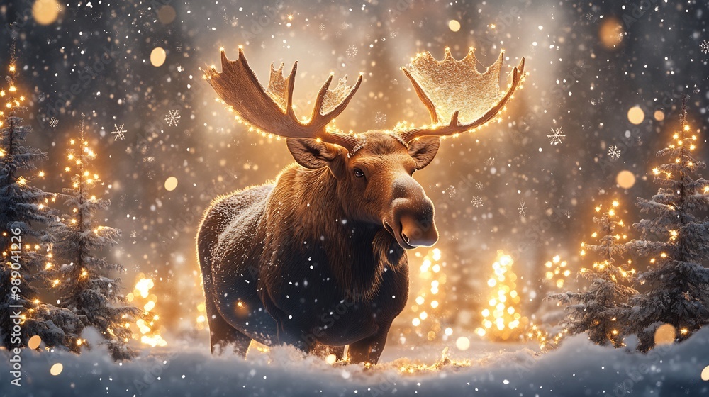 Christmas moose standing under snowy sky festive lights wrapped around its antlers surrounded by christmas trees and snowflakes joyful holiday card design with a magical winter scene Christmas moose standing under snowy sky festive lights wrapped around its antlers surrounded by christmas trees and snowflakes joyful holiday card design with a magical winter scene