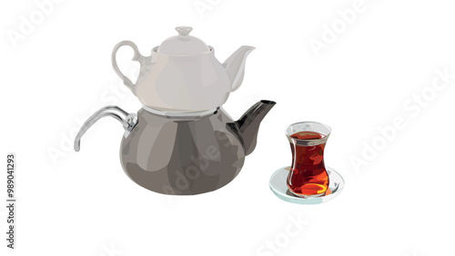metallic teapot and Black tea in glass tea cup vetor illustration. Turkish authentic traditional black tea in a classic turkish glass and kettle. tea set.