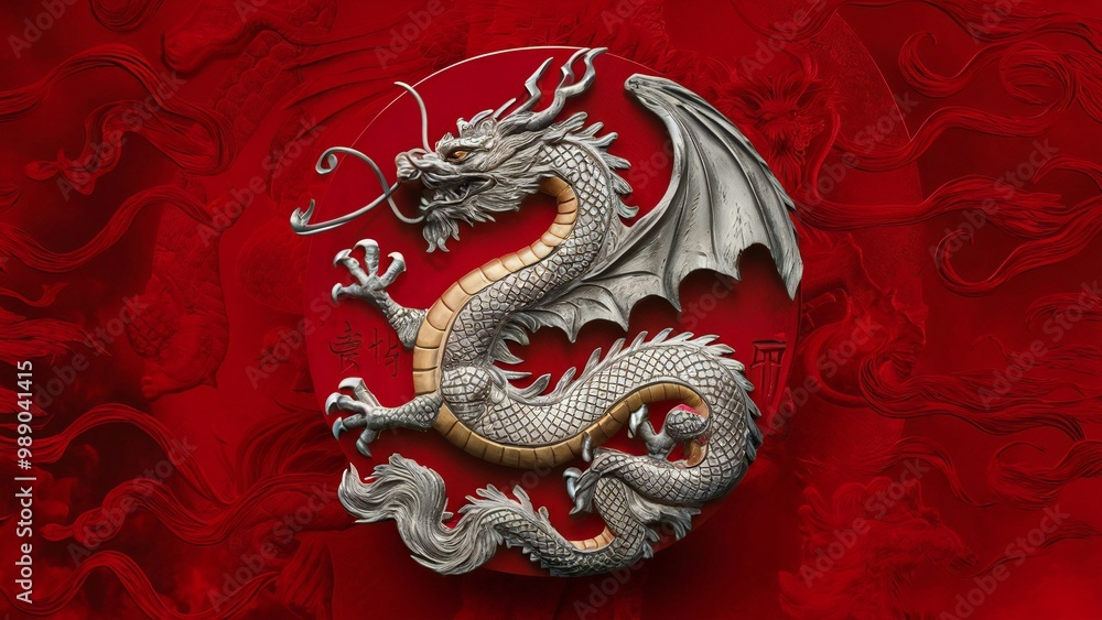 A decorative relief of a dragon against a red background, symbolizing power and culture A decorative relief of a dragon against a red background, symbolizing power and culture