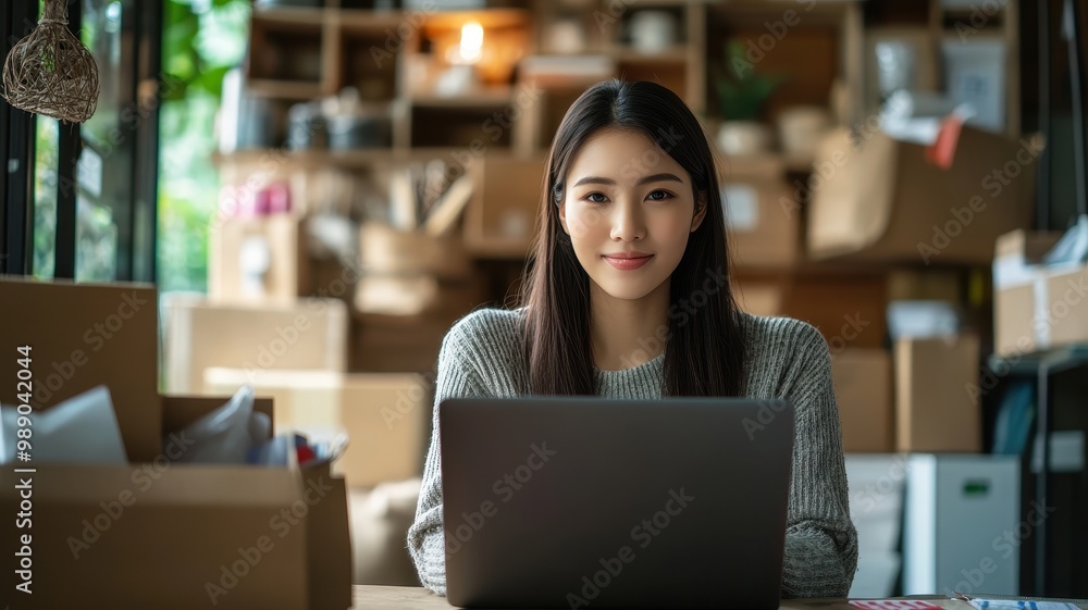Asian woman entrepreneur working on laptop computer with SME or startup business at home office. Concept of online business, e commerce, delivery, and dropshipping. Asian woman entrepreneur working on laptop computer with SME or startup business at home office. Concept of online business, e commerce, delivery, and dropshipping.