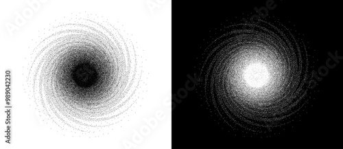 Abstract art background with dotted spiral. Stipple effect with chaotic noise. Black shape on a white background and the same white shape on the black side.