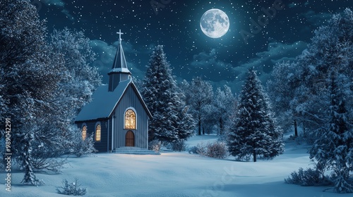 Wallpaper Mural Serene Snowy Chapel Night Scene with Full Moon - Peaceful Winter Christmas Landscape for Holiday Cards Torontodigital.ca