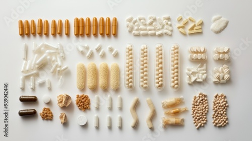 Assortment of Various Raw Pasta Types Arranged in Rows on Neutral Background