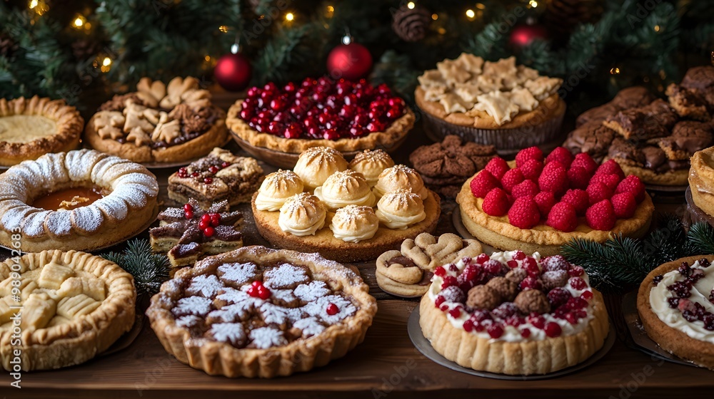 A table filled with freshly baked holiday cookies, pies, and cakes A table filled with freshly baked holiday cookies, pies, and cakes