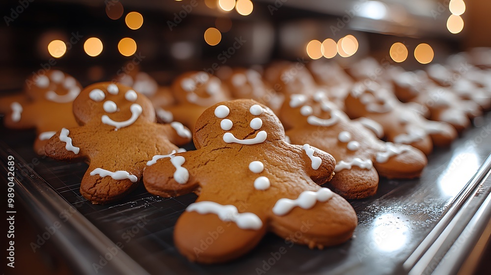 Gingerbread men cooling on a baking sheet in a cozy holiday kitchen Gingerbread men cooling on a baking sheet in a cozy holiday kitchen