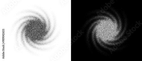 Abstract art background with dotted spiral. Stipple effect with chaotic noise. Black shape on a white background and the same white shape on the black side.