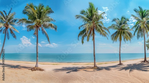 A serene beach scene with palm trees and calm waters under a bright blue sky.