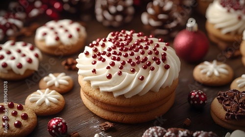 A holiday-themed baking scene with cookies, frosting, and candy decorations