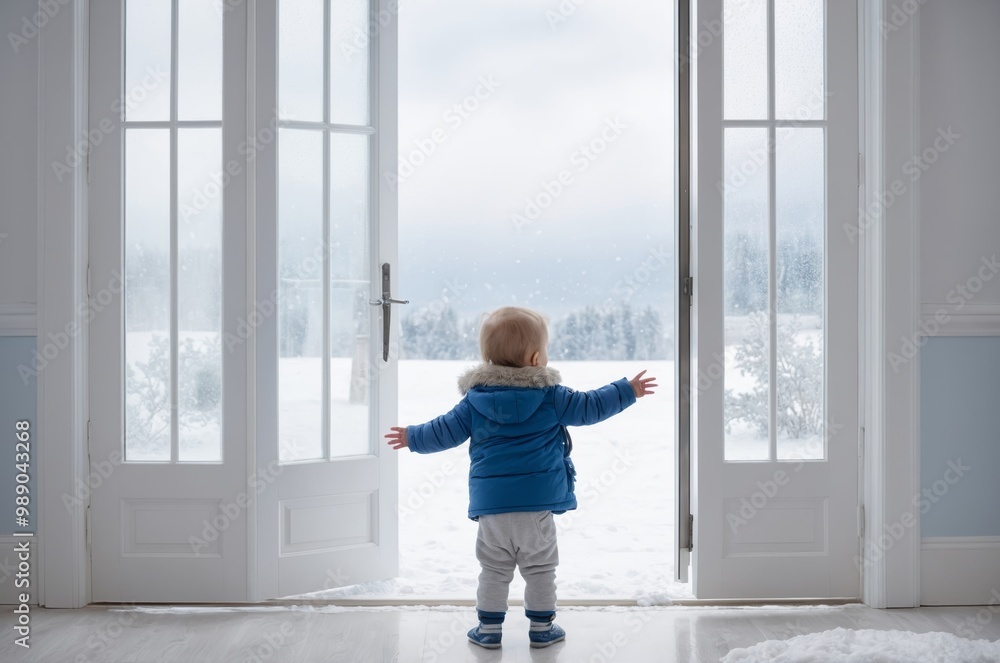 Toddler observing snowy landscape from inside home Toddler observing snowy landscape from inside home