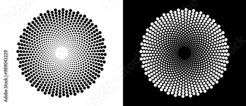 Modern abstract background. Halftone dots in circle form. Round logo. Vector dotted frame. Design element or icon. Black shape on a white background and the same white shape on the black side.