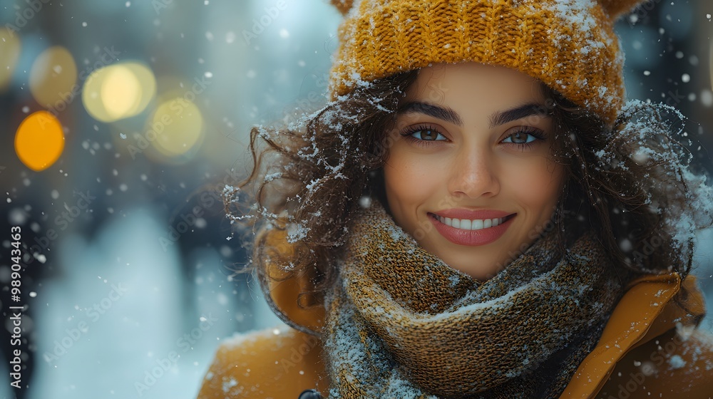 A woman wearing a stylish winter coat and scarf walking through a snowy city A woman wearing a stylish winter coat and scarf walking through a snowy city