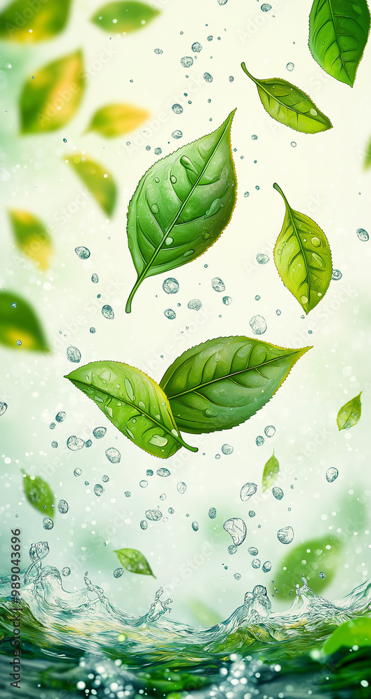 Fresh Green Tea Leaves with Water Droplets Floating in the Air over Splashing Water. Fresh Green Tea Leaves with Water Droplets Floating in the Air over Splashing Water.
