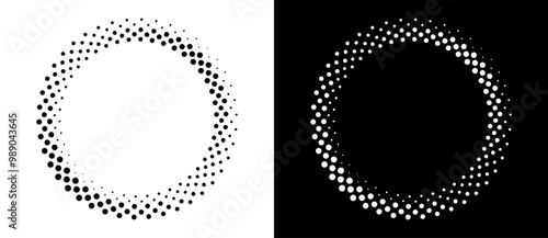 Modern abstract background. Halftone dots in circle form. Round logo. Vector dotted frame. Design element or icon. Black shape on a white background and the same white shape on the black side.