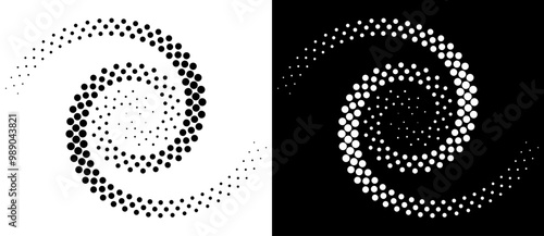 Abstract dotted vector background with halftone effect. Spiral dotted as icon or logo. Yin and yang style. Black shape on a white background and the same white shape on the black side.