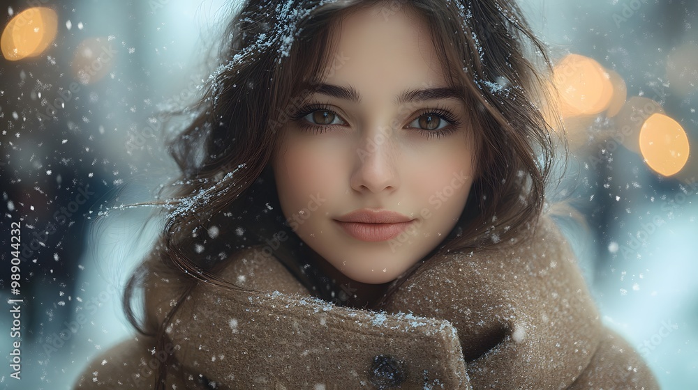 A fashion model posing in a long winter coat with snow falling gently A fashion model posing in a long winter coat with snow falling gently