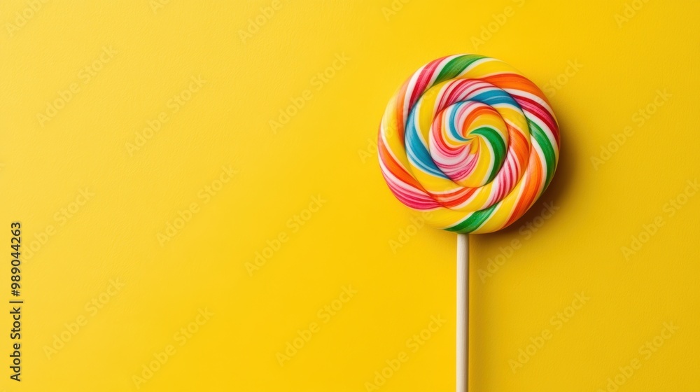 Colorful spiral lollipop on bright yellow background Colorful spiral lollipop on bright yellow background