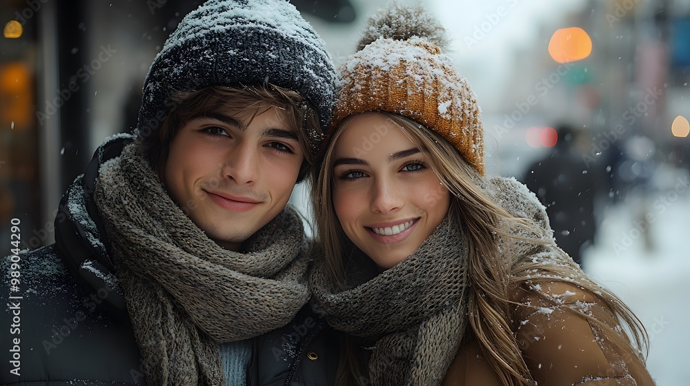 A couple wearing matching winter scarves and coats in a snowy city A couple wearing matching winter scarves and coats in a snowy city