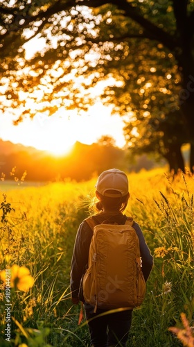 Child hiking in nature during sunset