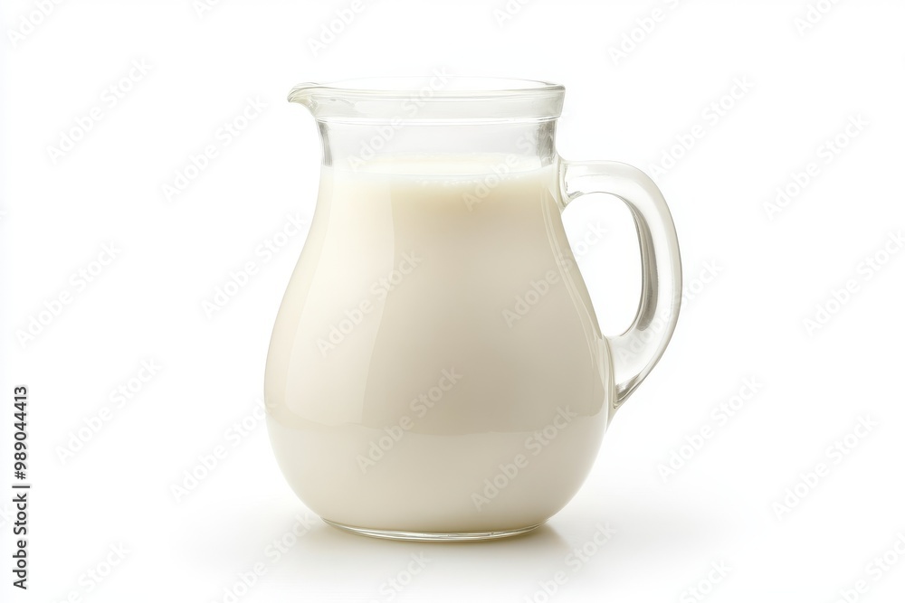 A clear glass jug filled with fresh milk, ideal for kitchen and culinary-themed projects. A clear glass jug filled with fresh milk, ideal for kitchen and culinary-themed projects.