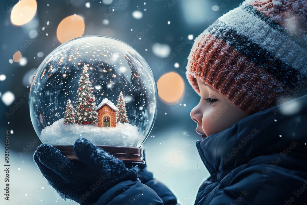 Child Holding Snow Globe Outdoors in Winter Wonderland Setting for Christmas Holiday Card Design Child Holding Snow Globe Outdoors in Winter Wonderland Setting for Christmas Holiday Card Design