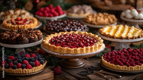 A close-up of Thanksgiving pies and desserts on the table