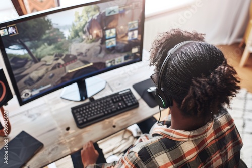 Relaxing at home, an African American gamer girl immerses herself in online gaming battles, expertly navigating her high-end setup while engaging with her audience.