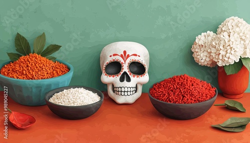 Colorful spices with skull art, vibrant backdrop photo