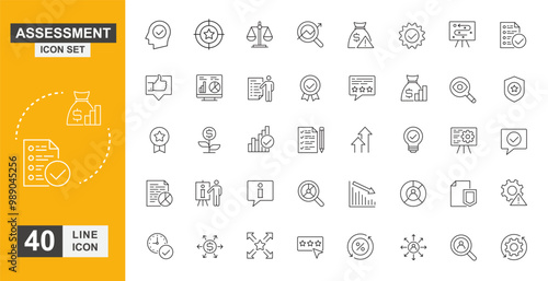 Assessment icon set. Data, chart, research, analyzing and more line icon.