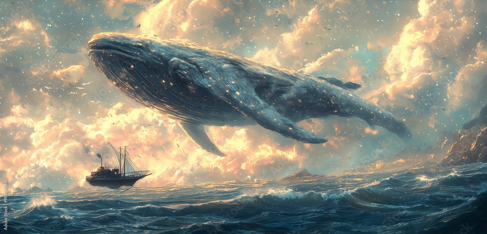 Obraz premium Celestial Giant Creature Flying Above the Ocean
