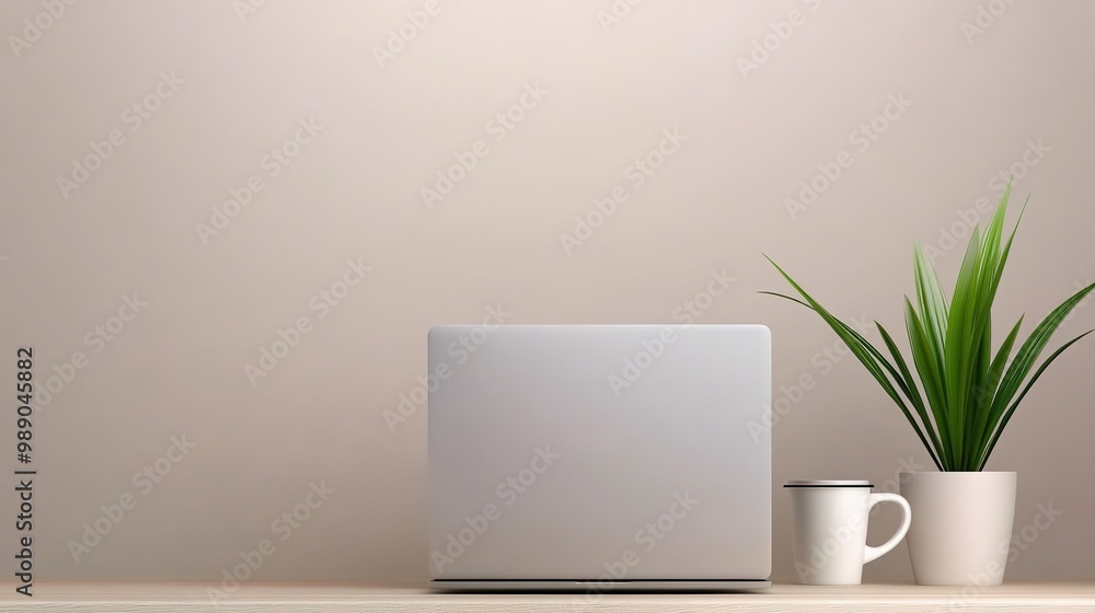 Fototapeta premium Modern Workspace with Laptop and Green Plant