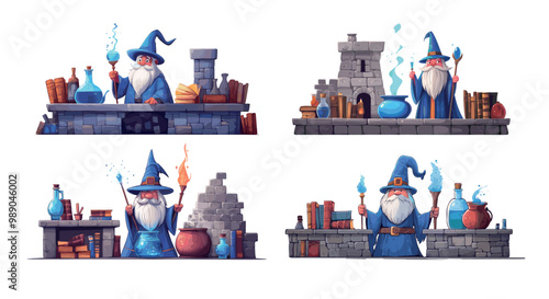 Sorcerer magic laboratory cartoon vector scenes. Boiling cauldron chemistry glass flasks spell books cone hat wand wizard elderly bearded man, brews making alchemy potions isolated illustrations