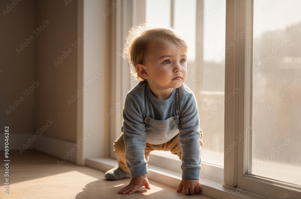 Curious toddler boy sitting by window Curious toddler boy sitting by window